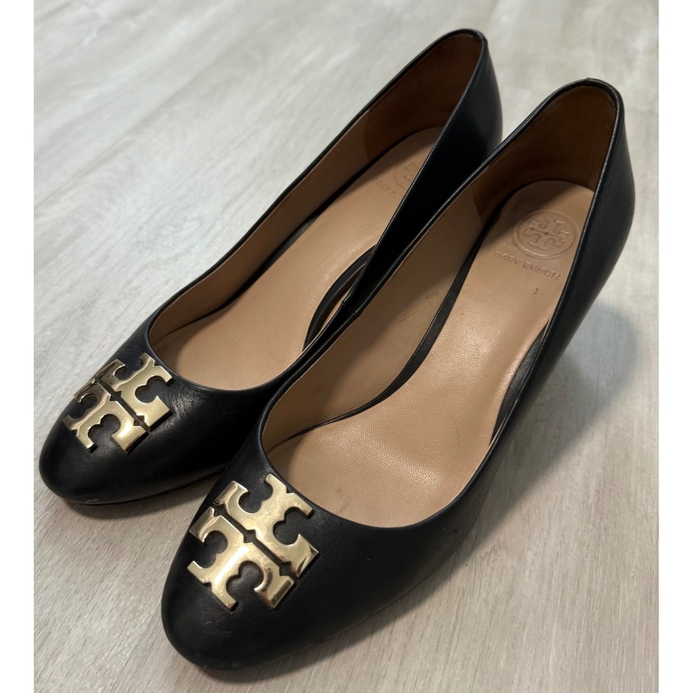 Tory Burch Block Heel Pumps Women 7.5 Black Good‎ Gold Logo Leather Shoes